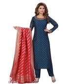 BLUE & FUSCHIA PINK COLOR SILK PANT SET HAND WORK NECKLINE FANCY GEORGETTE DUPATTA SELF MATCHINE WORK BUTTI kurti 