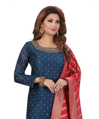 BLUE & FUSCHIA PINK COLOR SILK PANT SET HAND WORK NECKLINE FANCY GEORGETTE DUPATTA SELF MATCHINE WORK BUTTI kurti  2