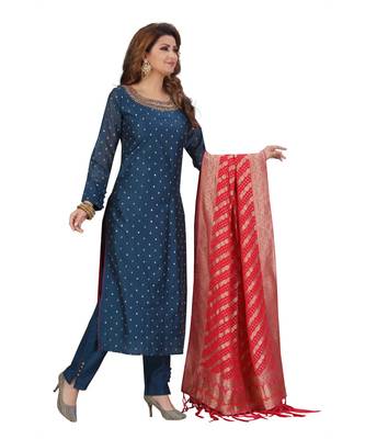 BLUE & FUSCHIA PINK COLOR SILK PANT SET HAND WORK NECKLINE FANCY GEORGETTE DUPATTA SELF MATCHINE WORK BUTTI kurti  3