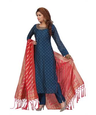 BLUE & FUSCHIA PINK COLOR SILK PANT SET HAND WORK NECKLINE FANCY GEORGETTE DUPATTA SELF MATCHINE WORK BUTTI kurti  4