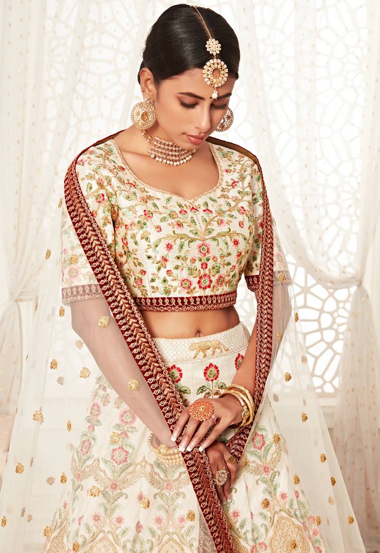 Cream Art Silk Thread and Zari Embroidered Lehenga Choli 