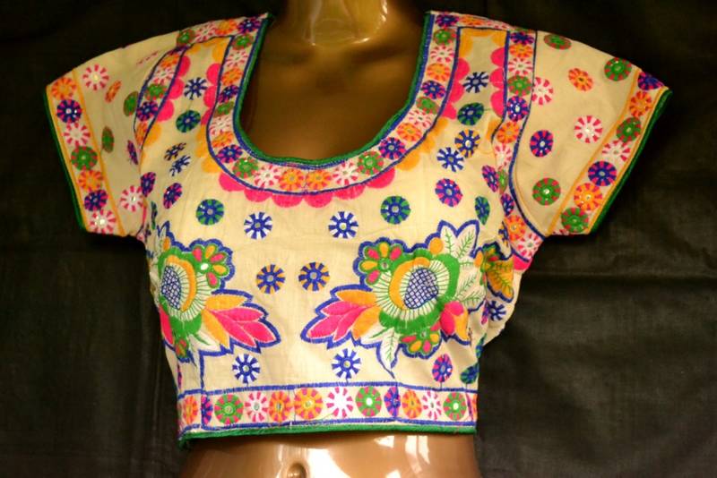 Regular Sleeves Kutch hand Embroidered Multicolour Designer Paded Stitched Blouse
