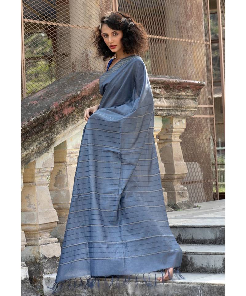 grey Cotton Blended Saree with Blouse Piece