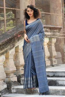 grey Cotton Blended Saree with Blouse Piece