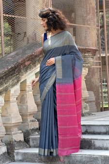 grey Cotton Blended Saree with Blouse Piece