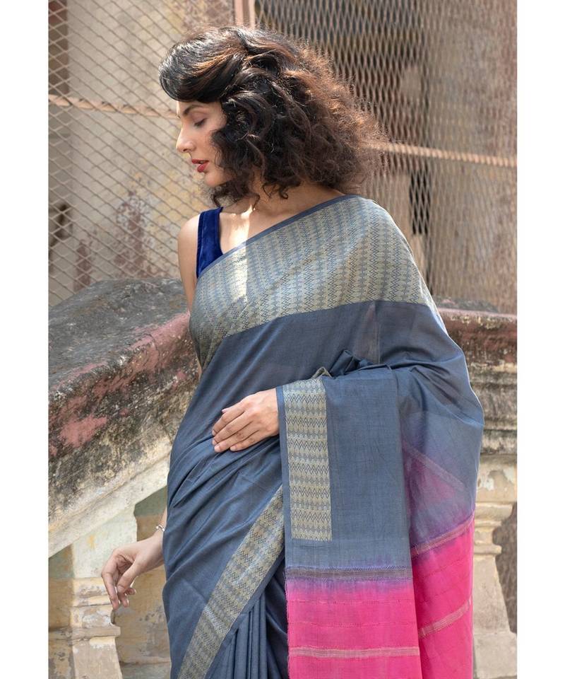 grey Cotton Blended Saree with Blouse Piece
