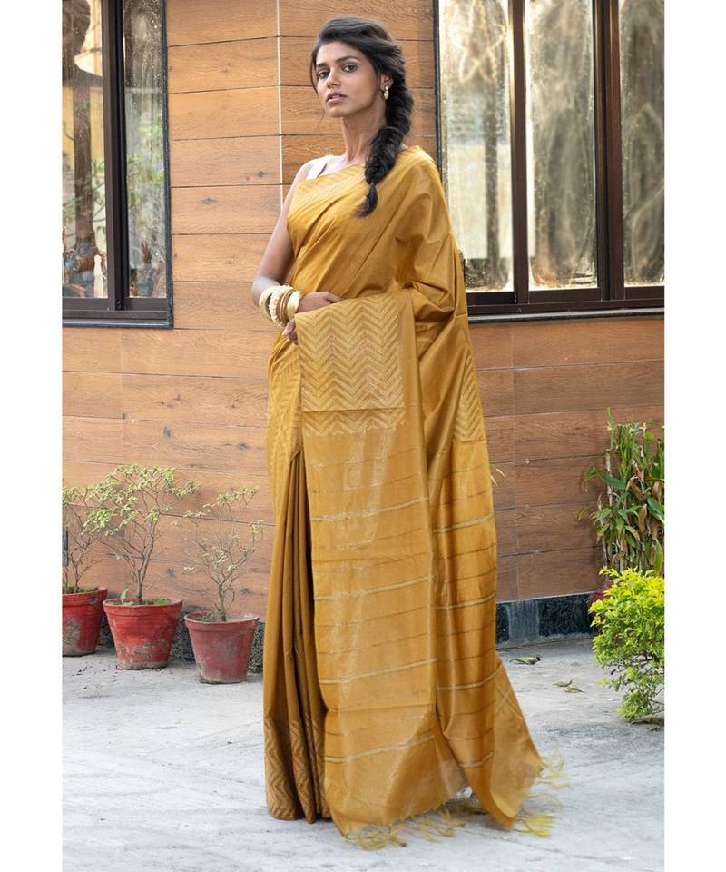 MUSTARD Cotton Blended Saree with Blouse Piece