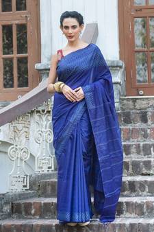blue Cotton Blended Saree with Blouse Piece