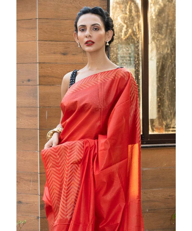 RED Cotton Blended Saree with Blouse Piece