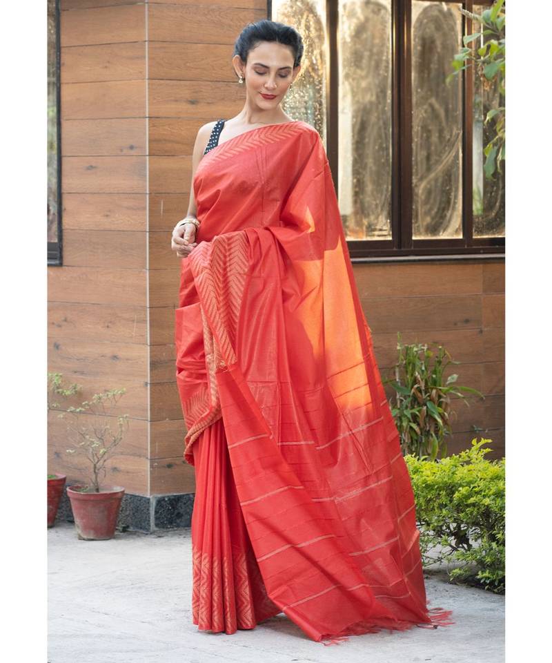 RED Cotton Blended Saree with Blouse Piece