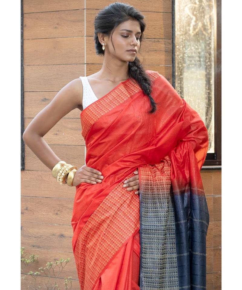RED Cotton Blended Saree with Blouse Piece