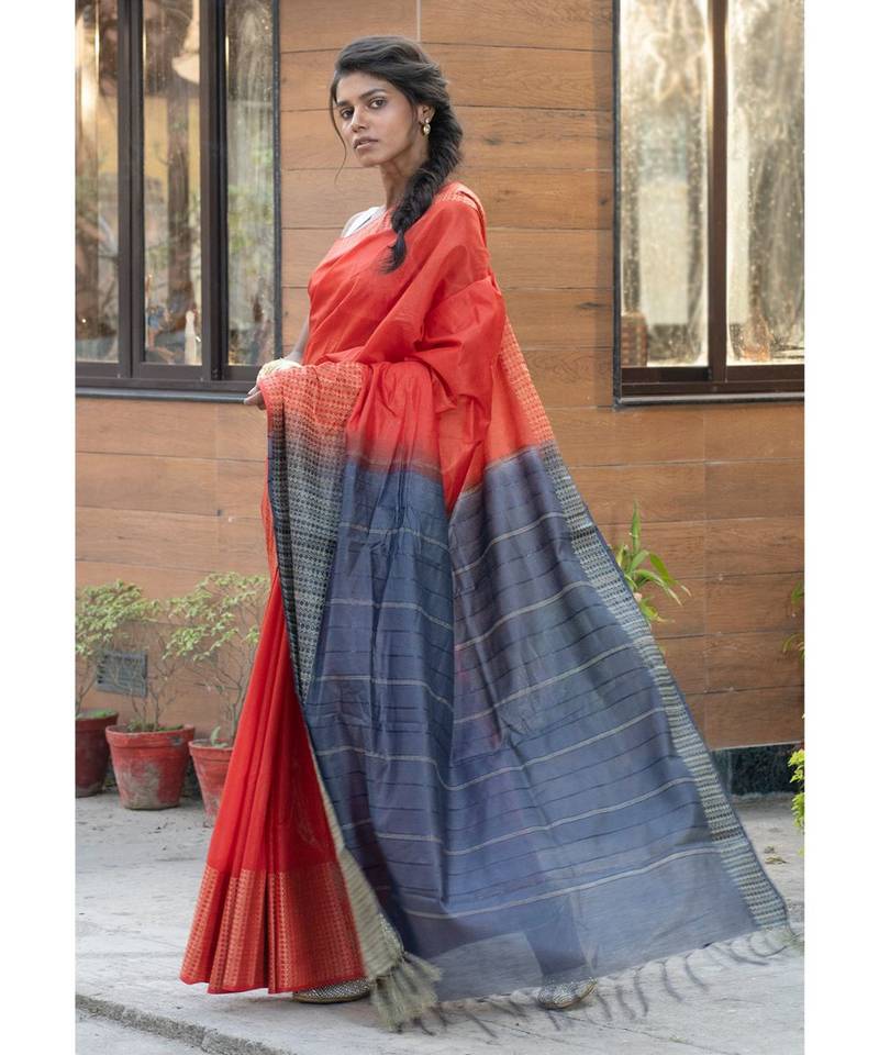 RED Cotton Blended Saree with Blouse Piece