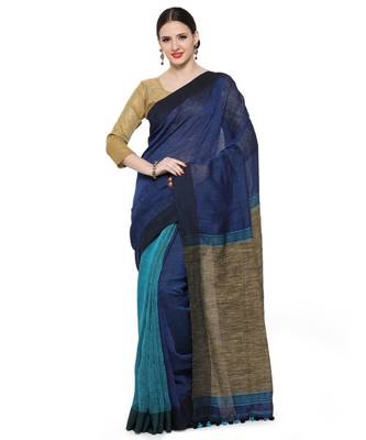 blue Dual Shade Handwoven Pure Linen Saree with Blouse Piece 1
