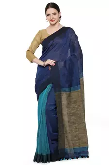 blue Dual Shade Handwoven Pure Linen Saree with Blouse Piece