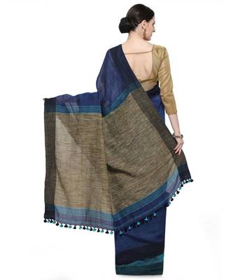 blue Dual Shade Handwoven Pure Linen Saree with Blouse Piece 2