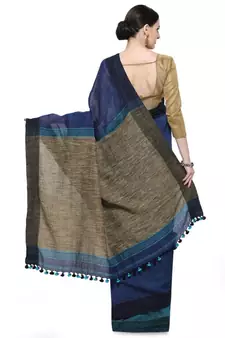 blue Dual Shade Handwoven Pure Linen Saree with Blouse Piece