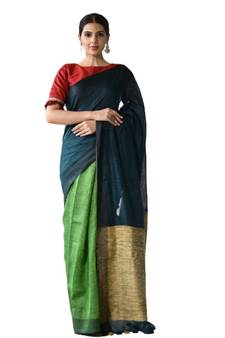 green Dual Shade Handwoven Pure Linen Saree with Blouse Piece
