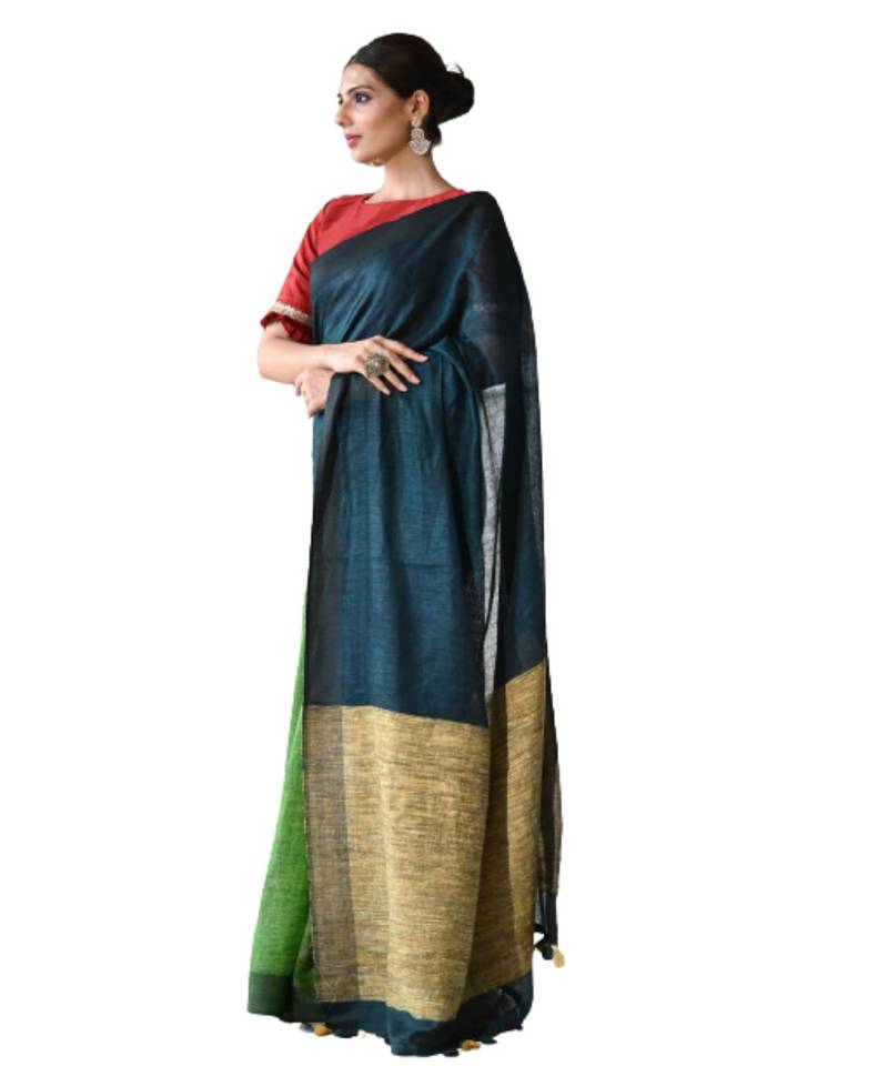 green Dual Shade Handwoven Pure Linen Saree with Blouse Piece