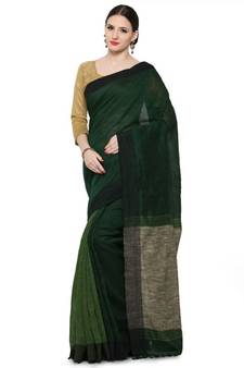 green Dual Shade Handwoven Pure Linen Saree with Blouse Piece