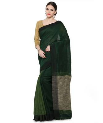green Dual Shade Handwoven Pure Linen Saree with Blouse Piece 1