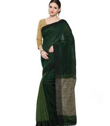 green Dual Shade Handwoven Pure Linen Saree with Blouse Piece