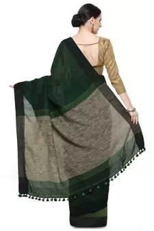 green Dual Shade Handwoven Pure Linen Saree with Blouse Piece