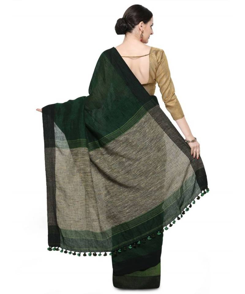 green Dual Shade Handwoven Pure Linen Saree with Blouse Piece
