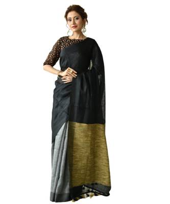 grey Dual Shade Handwoven Pure Linen Saree with Blouse Piece 1