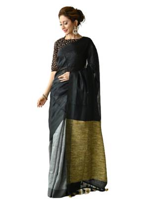 grey Dual Shade Handwoven Pure Linen Saree with Blouse Piece 2