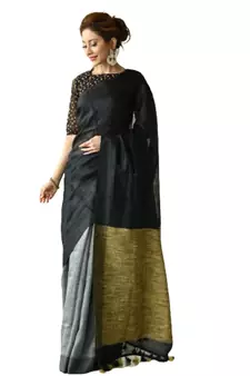 grey Dual Shade Handwoven Pure Linen Saree with Blouse Piece