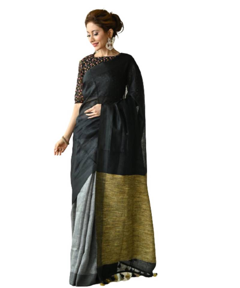 grey Dual Shade Handwoven Pure Linen Saree with Blouse Piece