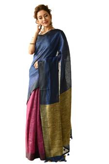 magenta Dual Shade Handwoven Pure Linen Saree with Blouse Piece