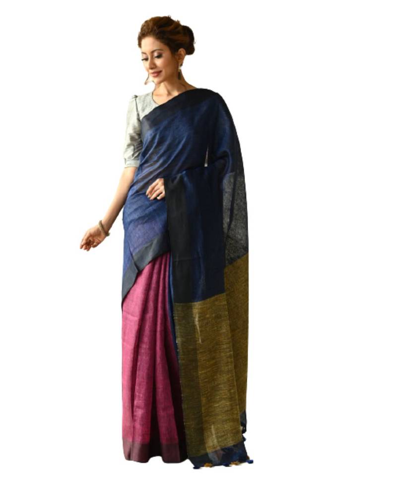 magenta Dual Shade Handwoven Pure Linen Saree with Blouse Piece