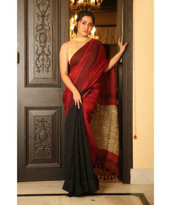 maroon Dual Shade Handwoven Pure Linen Saree with Blouse Piece 1