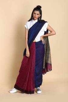 maroon Dual Shade Handwoven Pure Linen Saree with Blouse Piece