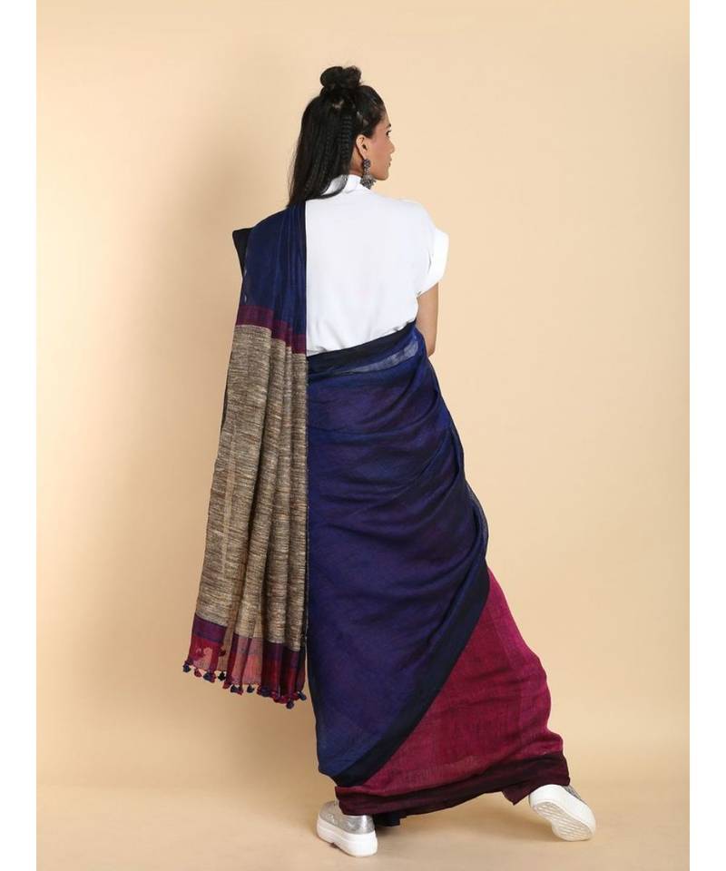 maroon Dual Shade Handwoven Pure Linen Saree with Blouse Piece