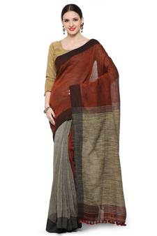 maroon Dual Shade Handwoven Pure Linen Saree with Blouse Piece