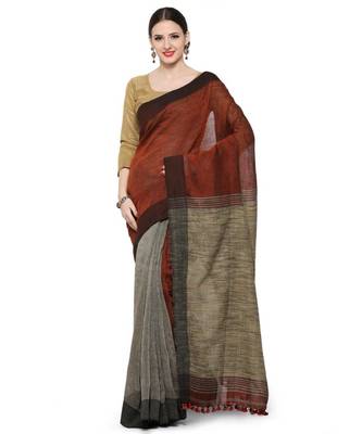 maroon Dual Shade Handwoven Pure Linen Saree with Blouse Piece 1