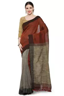 maroon Dual Shade Handwoven Pure Linen Saree with Blouse Piece