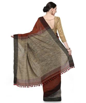 maroon Dual Shade Handwoven Pure Linen Saree with Blouse Piece 2