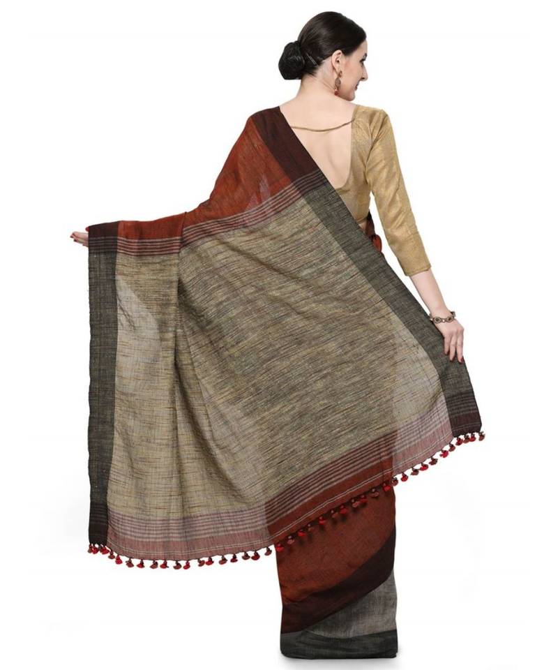 maroon Dual Shade Handwoven Pure Linen Saree with Blouse Piece
