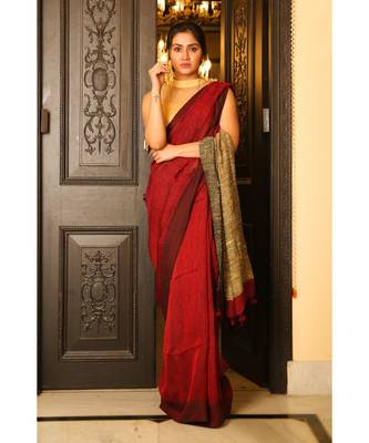 maroon Dual Shade Handwoven Pure Linen Saree with Blouse Piece 1