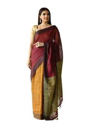 oranage Dual Shade Handwoven Pure Linen Saree with Blouse Piece 1