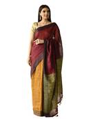 oranage Dual Shade Handwoven Pure Linen Saree with Blouse Piece