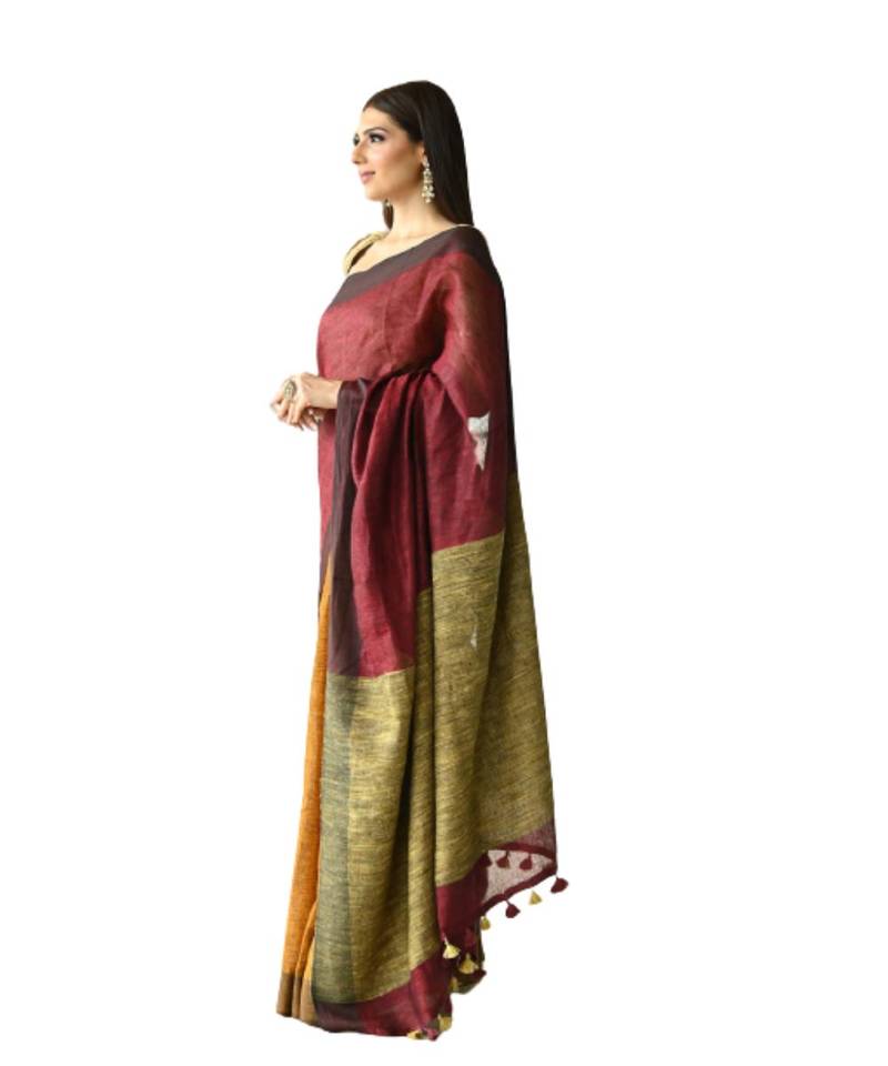 oranage Dual Shade Handwoven Pure Linen Saree with Blouse Piece