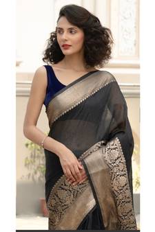 black Banarsi Linen Saree with blouse piece