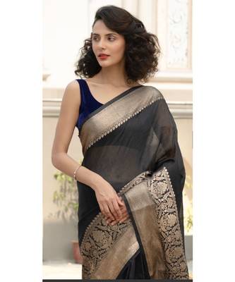 black Banarsi Linen Saree with blouse piece 1