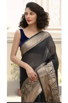 black Banarsi Linen Saree with blouse piece