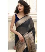 black Banarsi Linen Saree with blouse piece