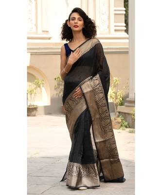 black Banarsi Linen Saree with blouse piece 2